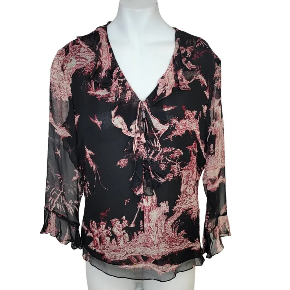 SilkLand  Tie Front Silk Theme Top Size Medium